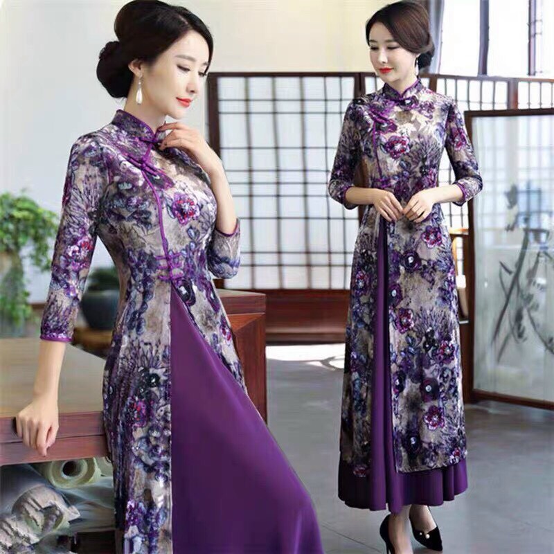 Đầm Cổ Tàu Hoa Tím -HN948